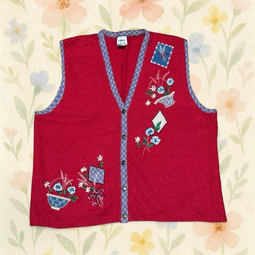 Vintage Stephanie K Embroidered Folk Art Sweater Vest Floral Red Large Cottage - Picture 1 of 6
